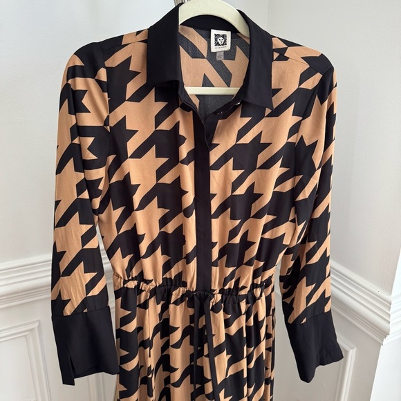 NWOT Anne Klein Houndstooth Black Brown Printed Drawstring Shirt Dress Size 6 - Picture 5 of 10
